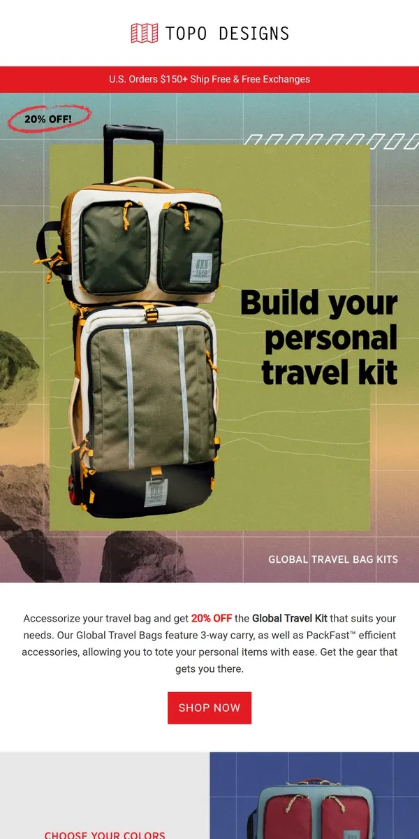 Email from Topo Designs. Global Travel Kits: 20% Off