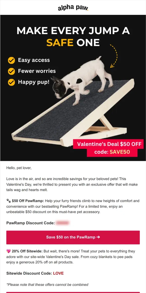 Email from Alpha Paw. 🐕 Sunday Deal... $50 OFF the PawRamp!