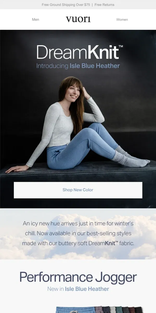 Email from Vuori. New in Isle Blue Heather: Women's DreamKnit™