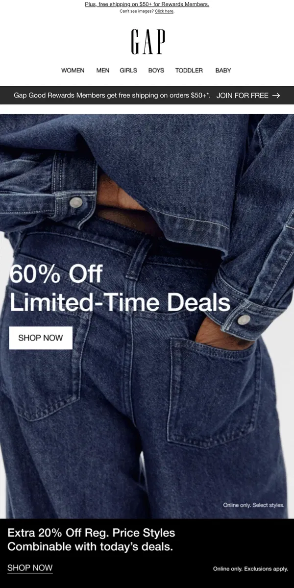 Email from GAP. Your 2x deals: 60% off + *extra* 20% off bonus