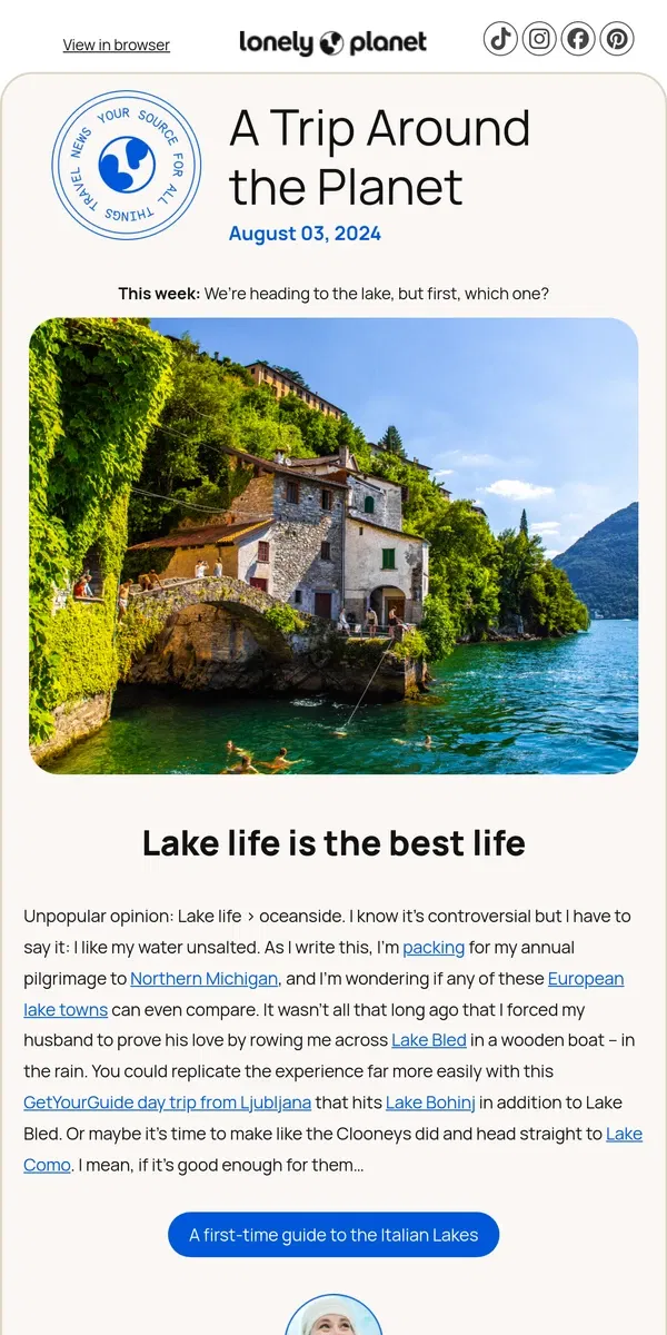 Email from Lonely Planet. The best lake adventures in the world