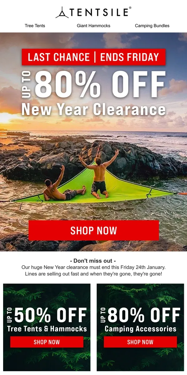 Email from Tentsile. FINAL CHANCE | Up To 80% Off 🌲