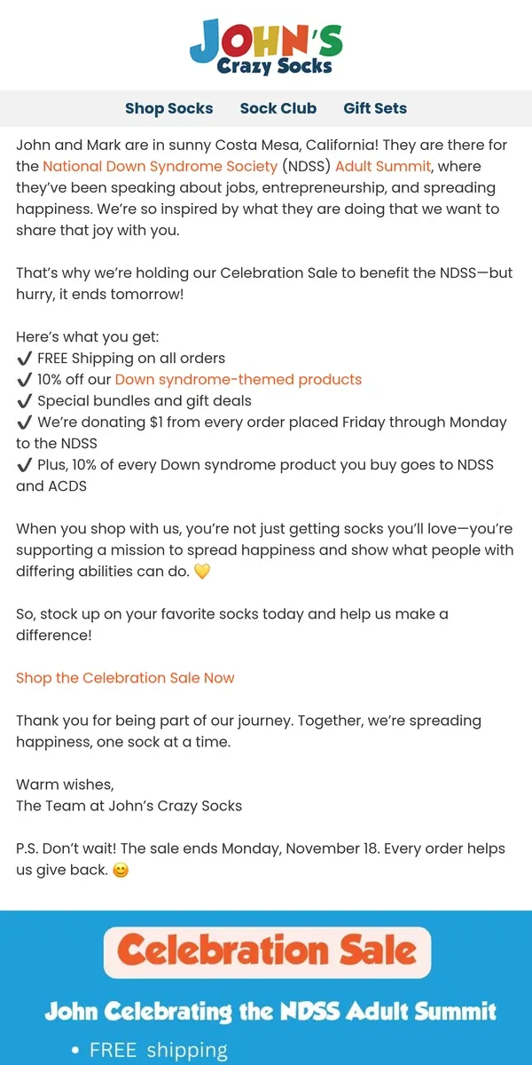 Email from John's Crazy Socks. There’s Still Time to Join Our Celebrate Sale! 🎉