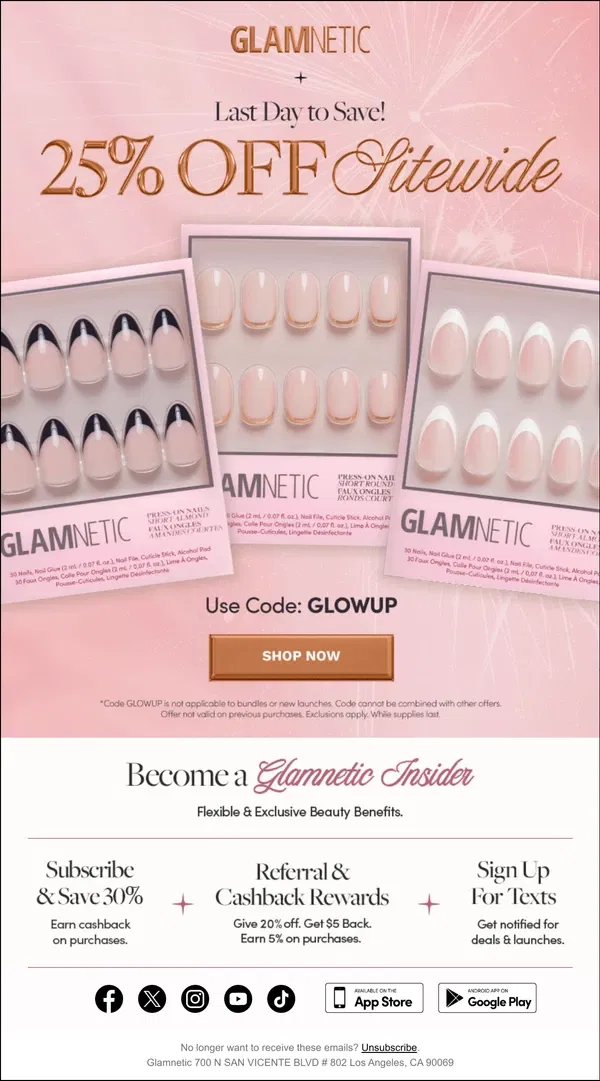 Email from Glamnetic. LAST CALL: 25% off Sitewide