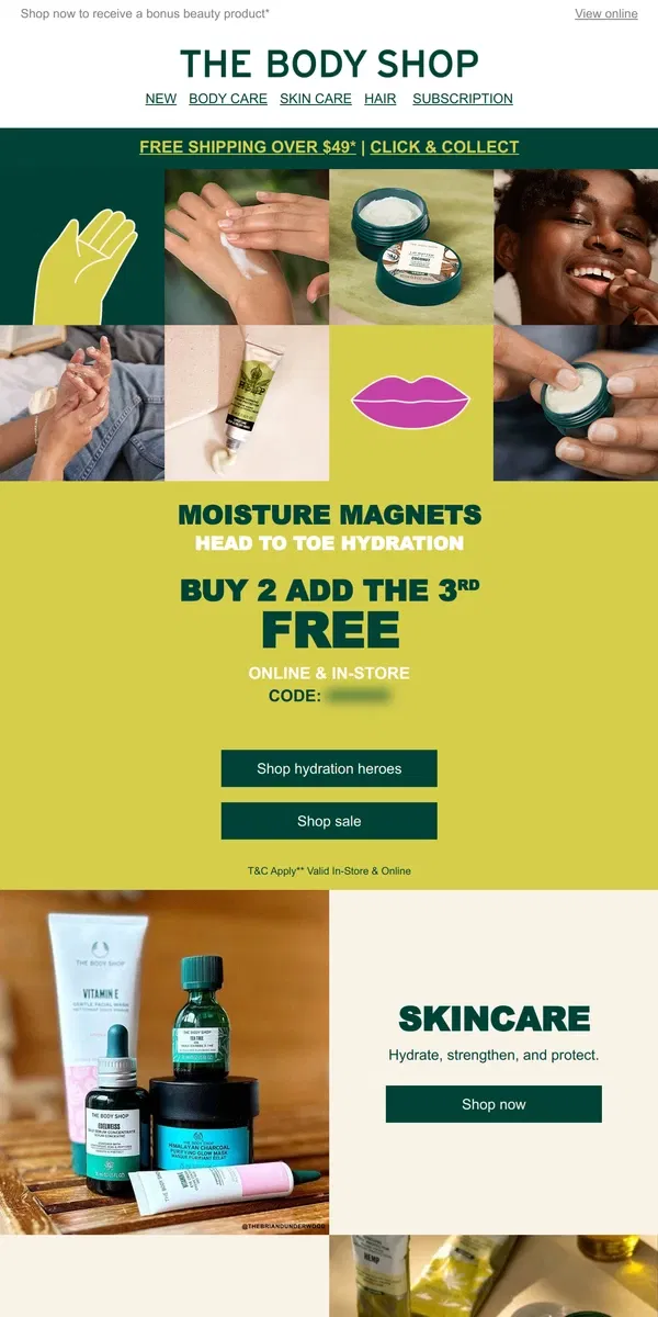 Email from The Body Shop. Head To Toe Moisture Magnets