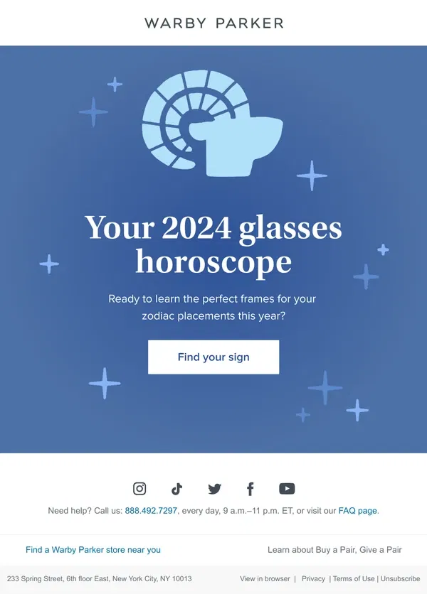 Email from Warby Parker. Eyewear Astrology 2024