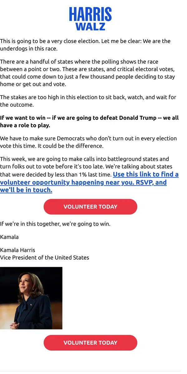 Email from Kamala Harris. Asking you to volunteer in New York