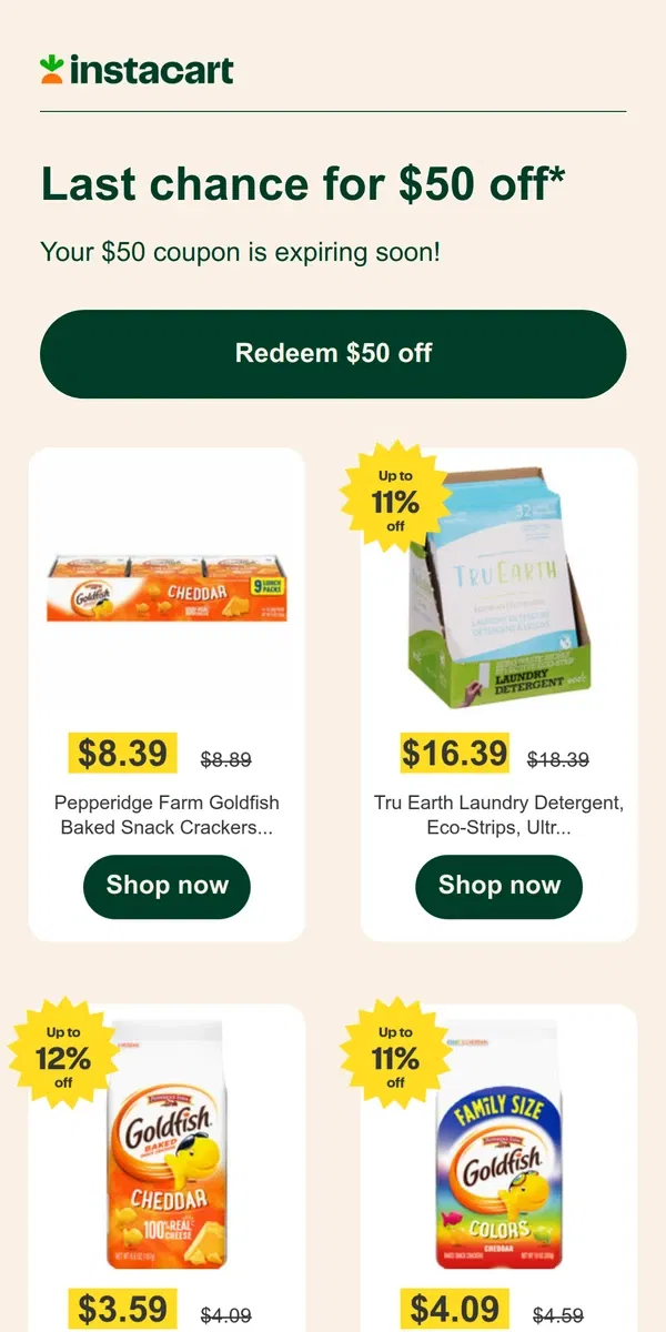 Email from Instacart. 💵 Expiring soon! Claim your $50 coupon!