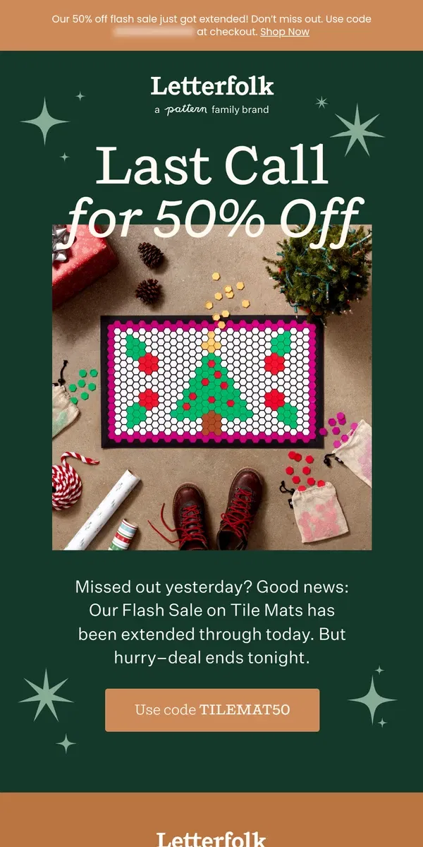 Email from Letterfolk. EXTENDED: 50% Off Tile Mat Flash Sale