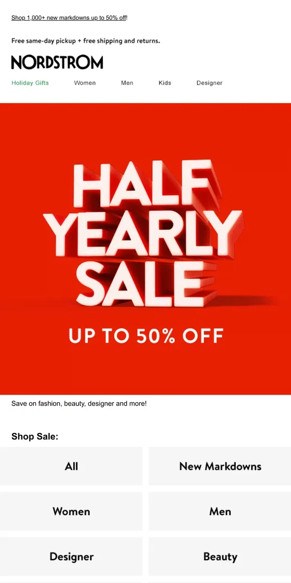 Email from Nordstrom. Half-Yearly Sale is ON 🎉