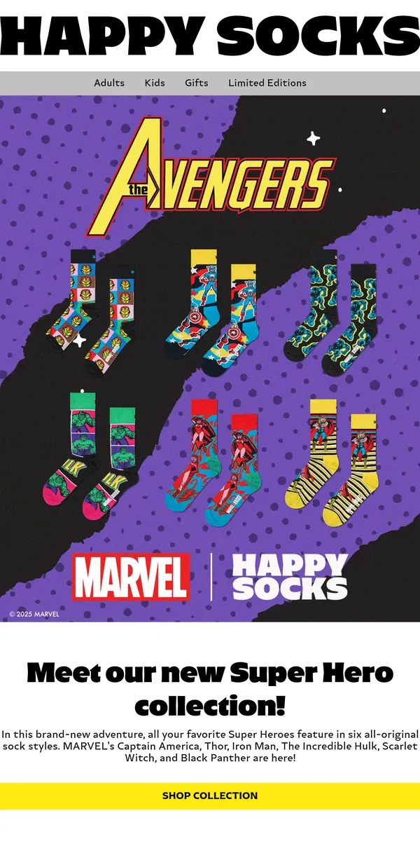 Email from Happy Socks. New Crossover Event! MARVEL's The Avengers!