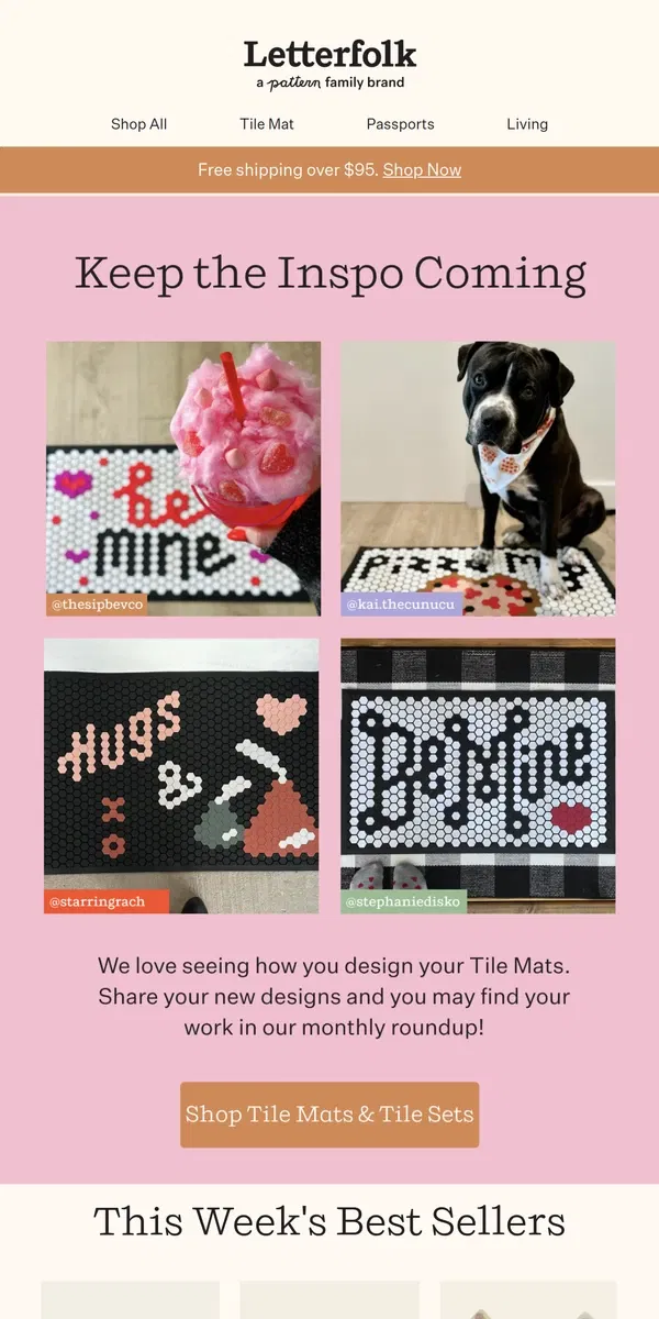 Email from Letterfolk. February’s top Tile Mat designs by YOU