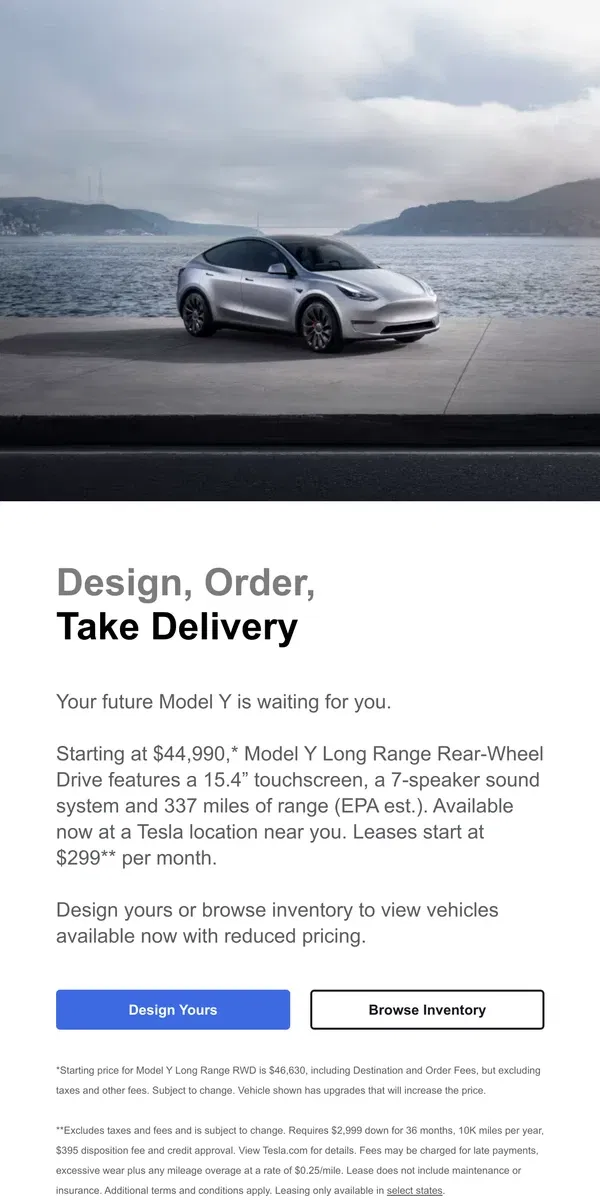 Email from Tesla. Model Y, Available Now