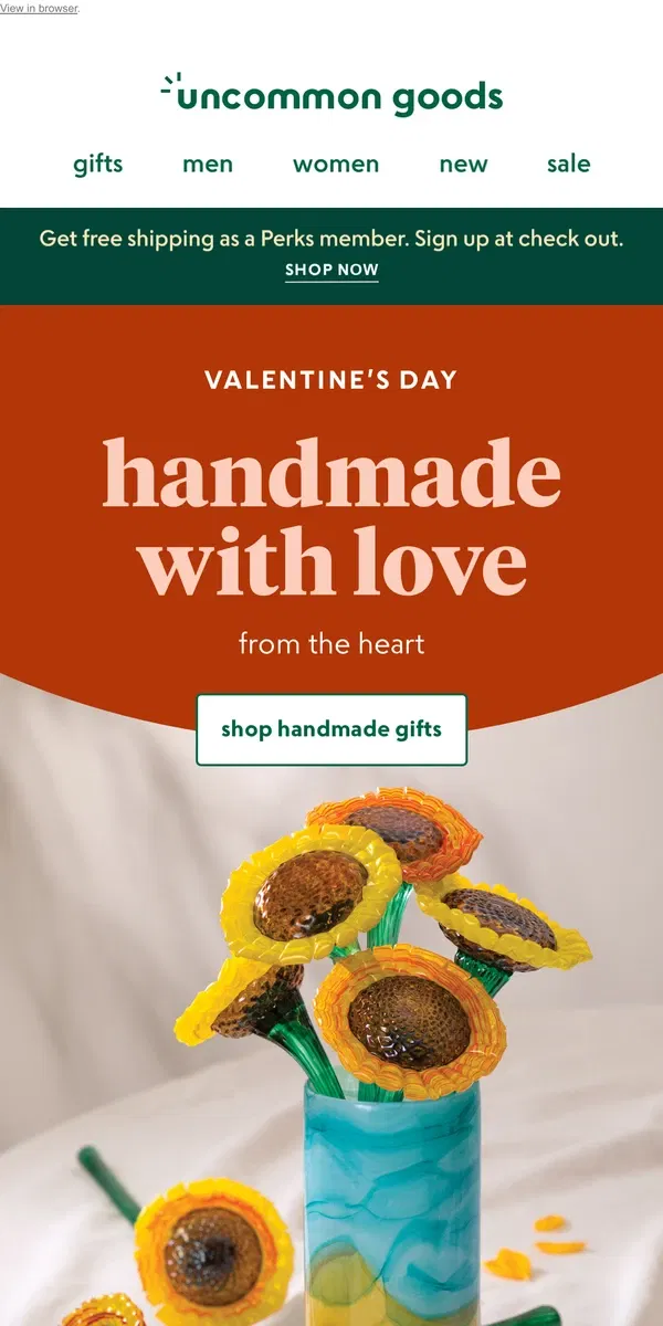 Email from Uncommon Goods. Handmade with love for Valentine's Day  🤗