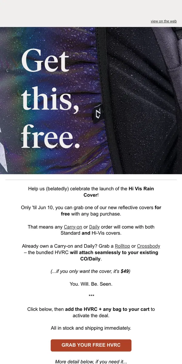 Email from Minaal. Huh? A *free* Hi Vis Rain Cover?!