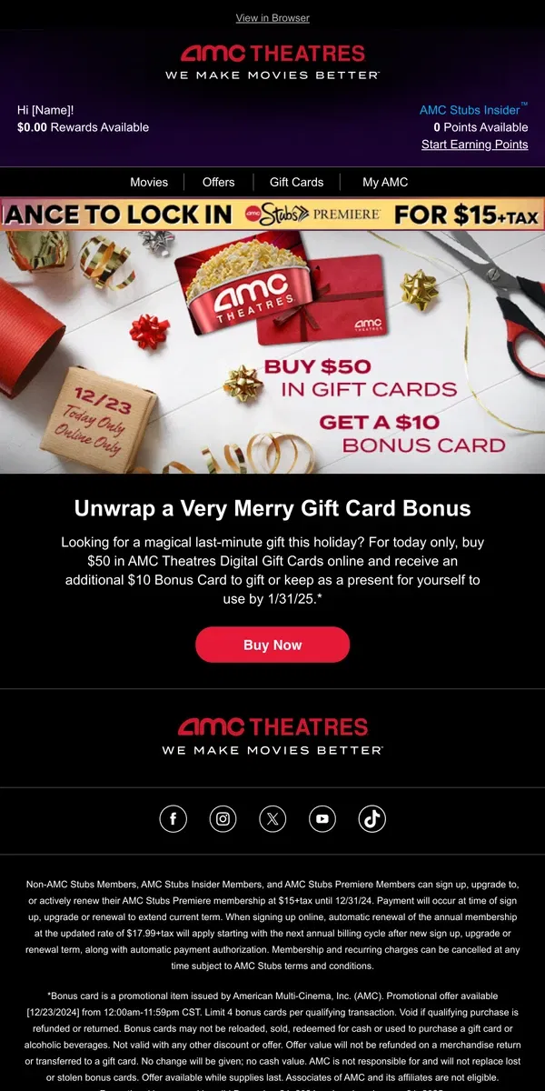 Email from AMC Theatres. Receive a $10 Bonus for Gifting This Holiday