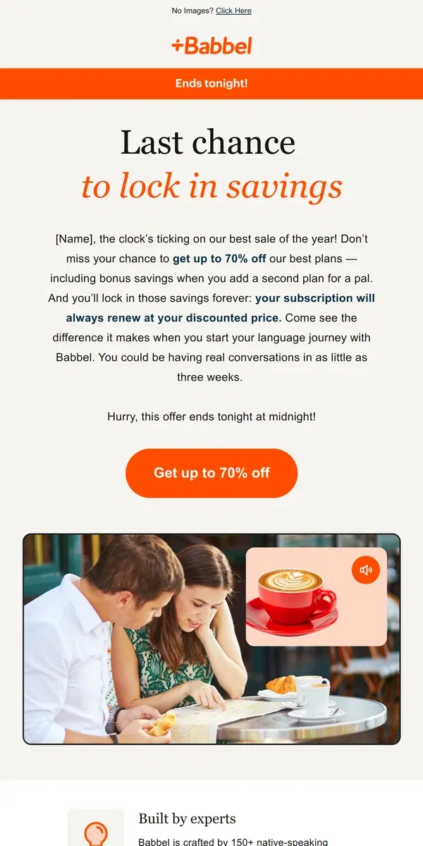 Email from Babbel. So long, farewell to 70% off Babbel 👋