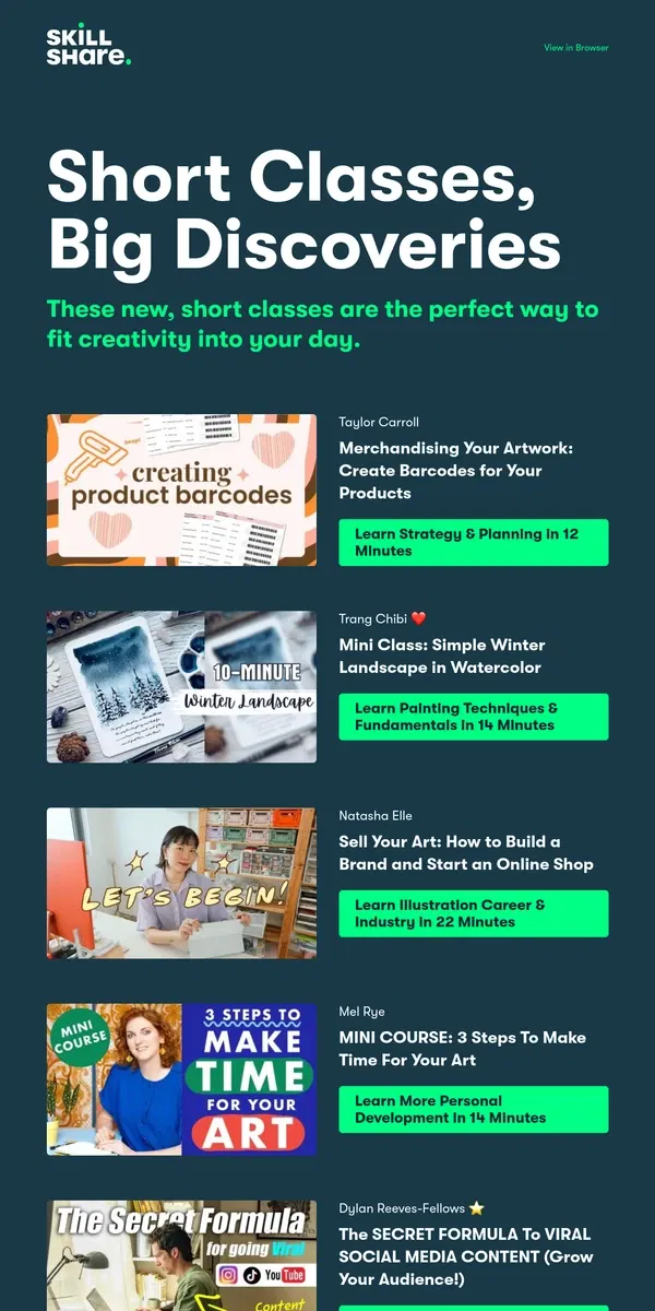 Email from Skillshare. Classes Under 30 Minutes, Picked For You