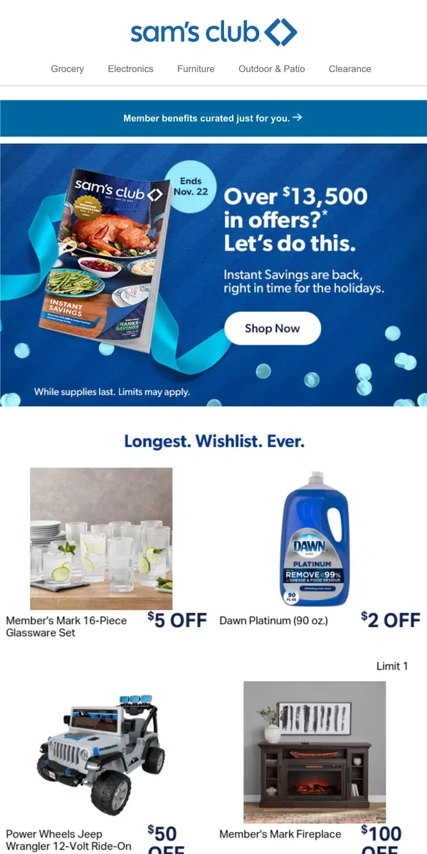 Email from Sam's Club. Yay! Instant Savings are here!