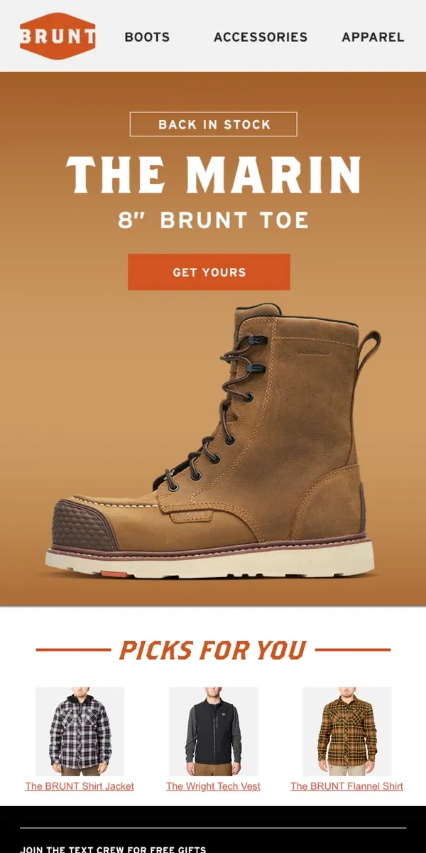 Email from BRUNT Workwear. 8" BRUNT Toe Just Restocked