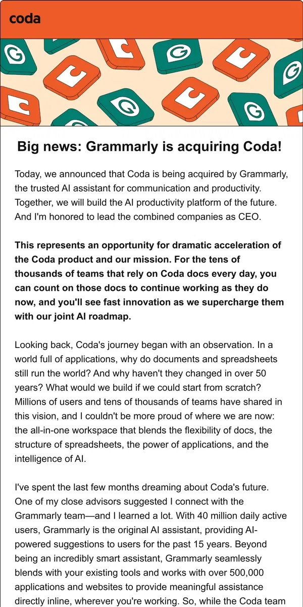 Email from Coda. Big news: Grammarly is acquiring Coda!