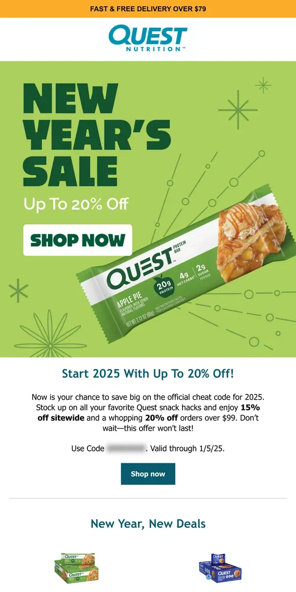 Email from Quest Nutrition. Start 2025 with up to 20% off! 🎉