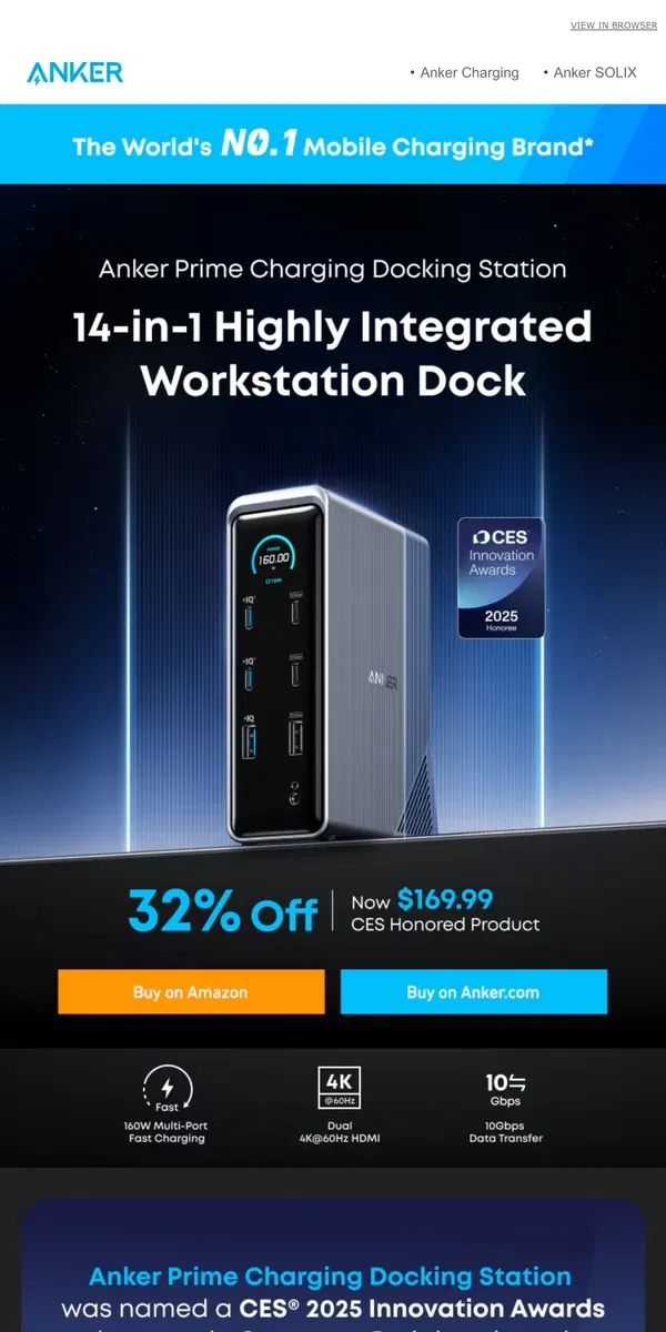 Email from Anker. 🎉 Anker Docking Station Named CES® 2025 Innovation Awards Honoree