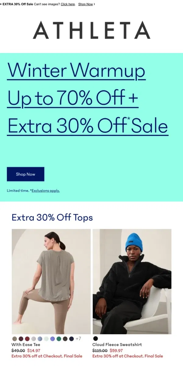 Email from Athleta. Starts NOW: Winter Warmup Sale up to 70% off