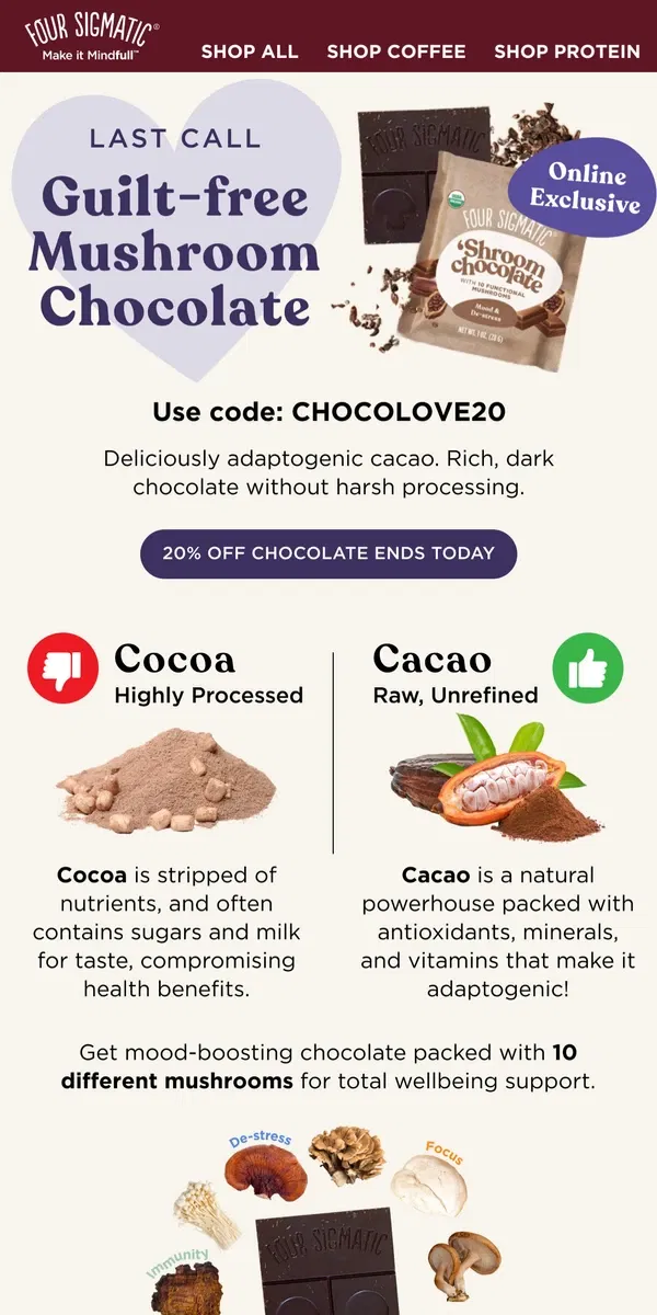 Email from Four Sigmatic. 20% Off Mushroom Chocolate -- Ends Tonight!