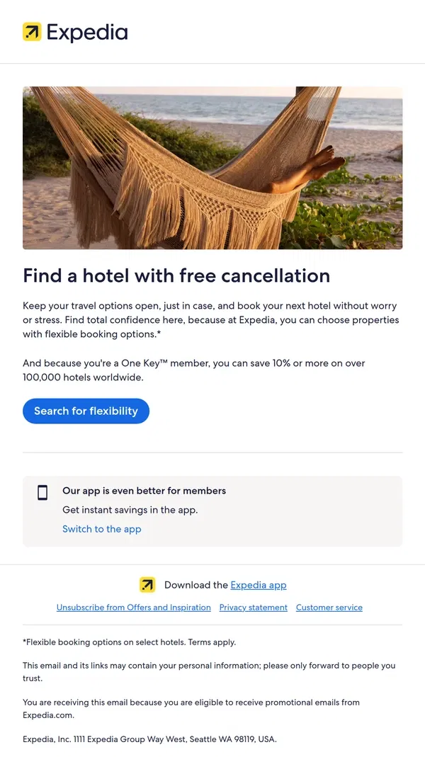 Email from Expedia. Plans can change: Find hotels with free cancellation