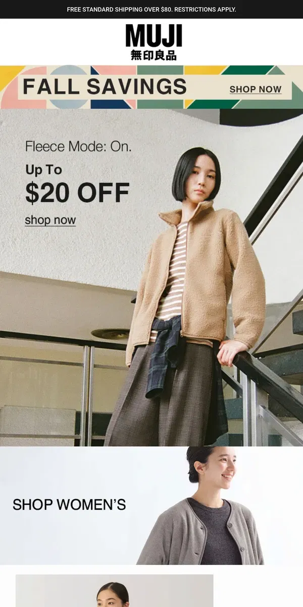 Email from MUJI. Soft fleece, softer prices – up to $20 OFF!