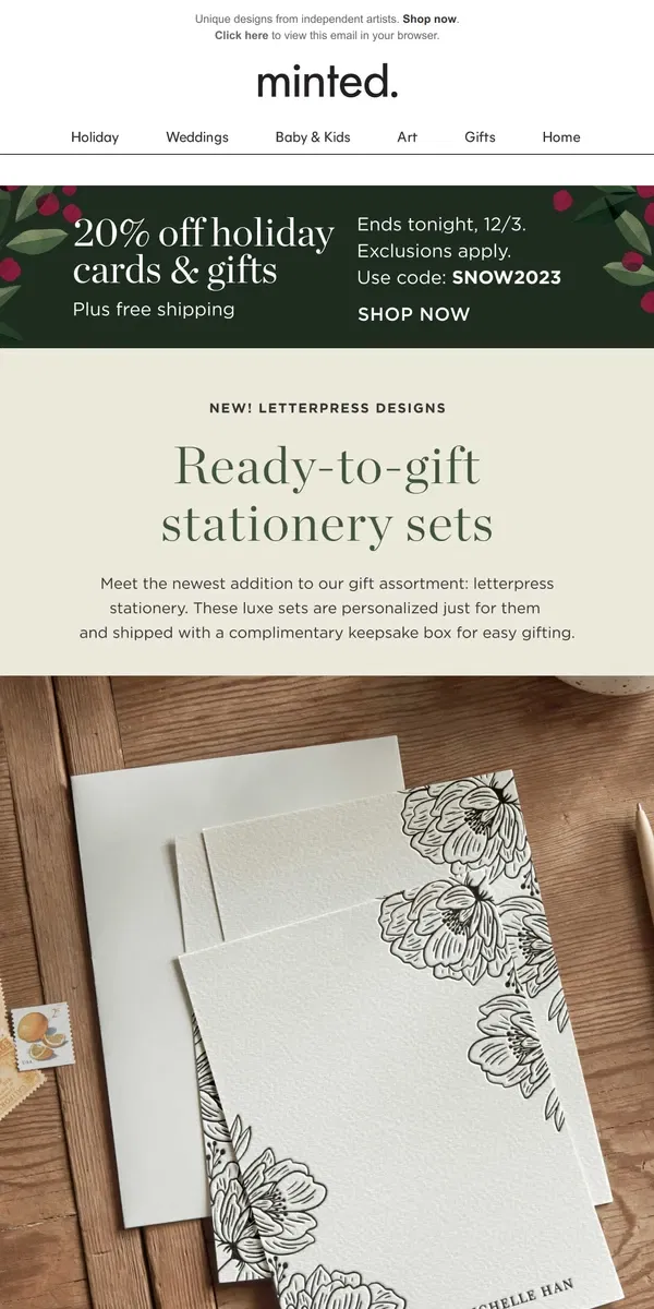 Email from Minted. NEW! Letterpress stationery (plus it’s 20% off)