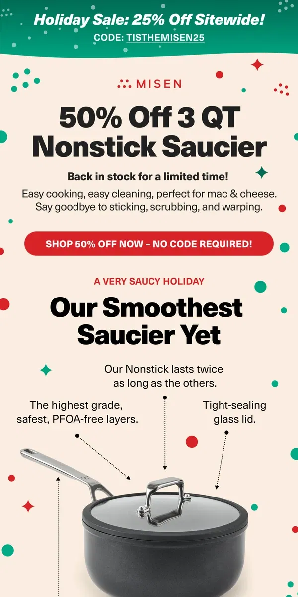 Email from Misen. Sauce Like a Pro: Nonstick Saucier 50% Off