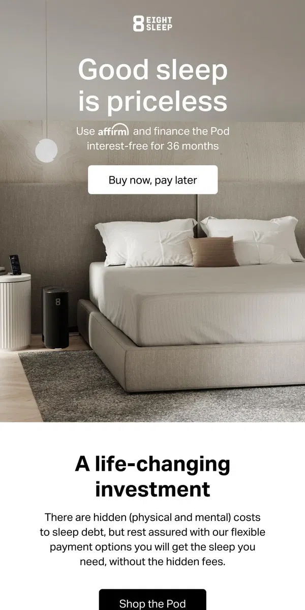 Email from Eight Sleep. Sleep now, pay later