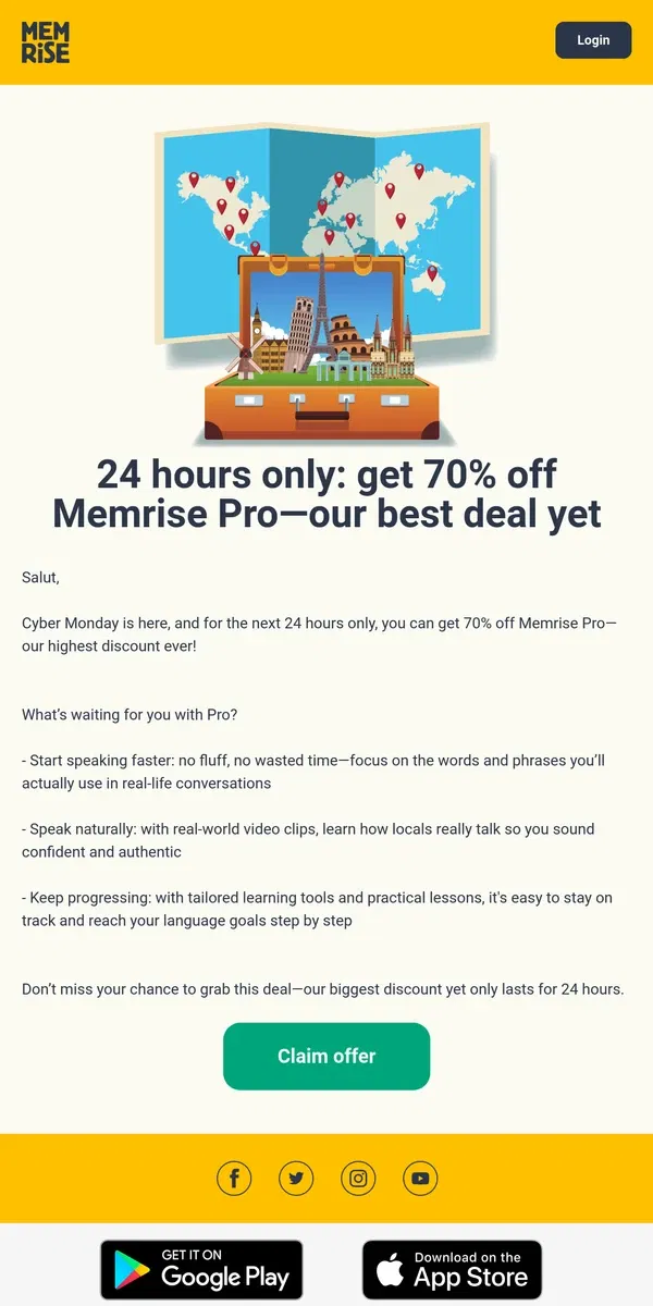 Email from Memrise. 🚨 Cyber Monday: 24 hours to save 70%—our biggest discount ever!