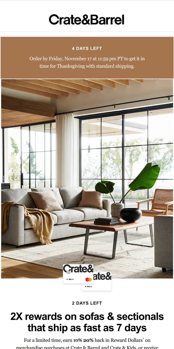 Email from Crate & Barrel. DOUBLE REWARDS ENDS TOMORROW