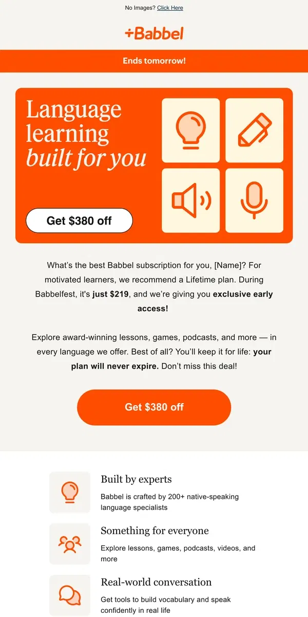 Email from Babbel. 🍻 One payment. Lifetime access. Only $219! 🍻