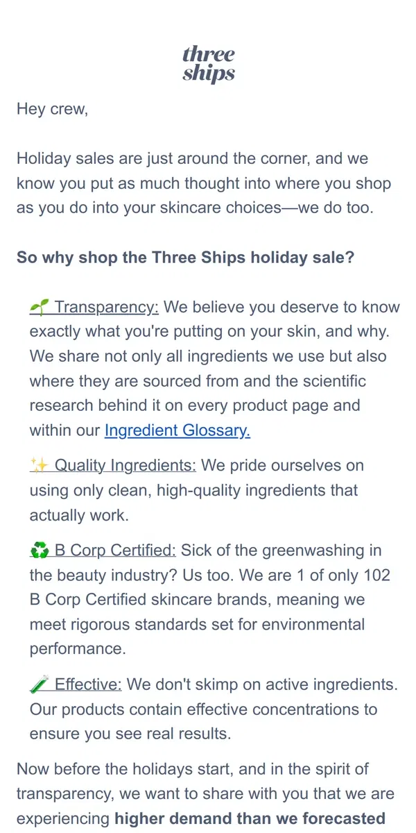 Email from Three Ships Beauty. Connie & Laura here 👋