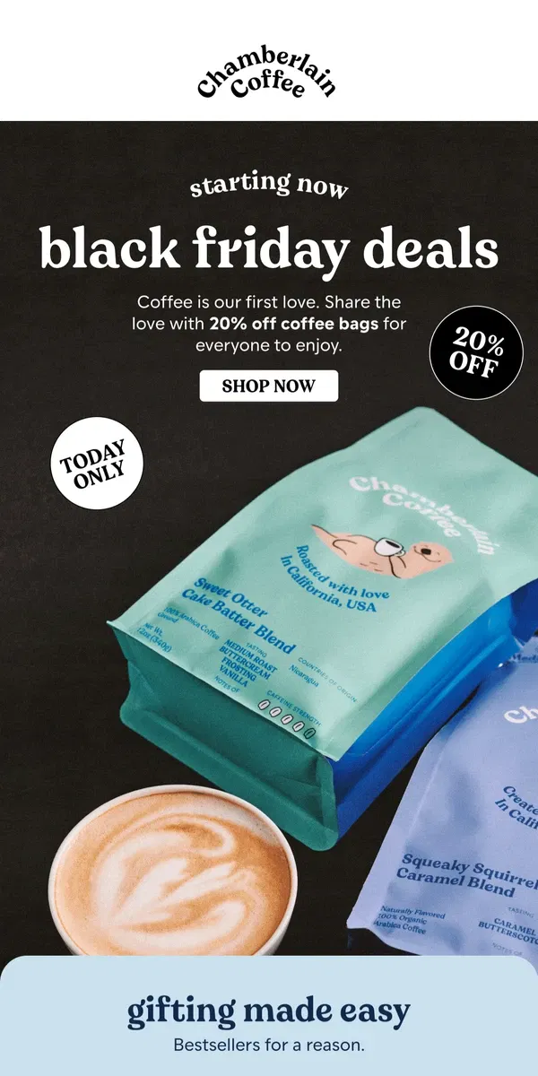 Email from Chamberlain Coffee. 20% off coffee bags