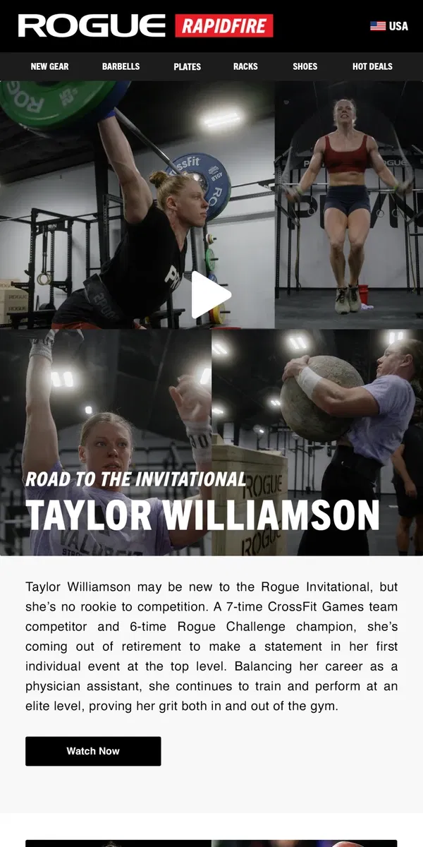 Email from Rogue Fitness. Road to the Invitational - Taylor Williamson