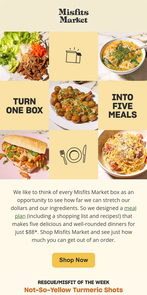 Email from Misfits Market. 5 easy dinners from 1 box