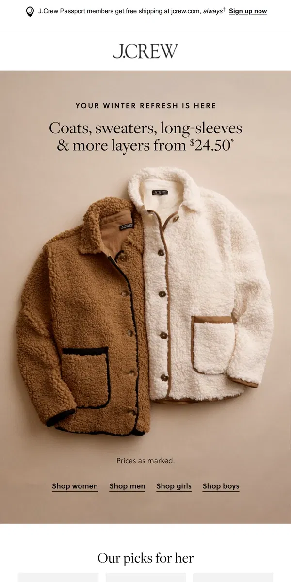 Email from J.Crew. Sweaters, coats & more from $24.50 starts now…