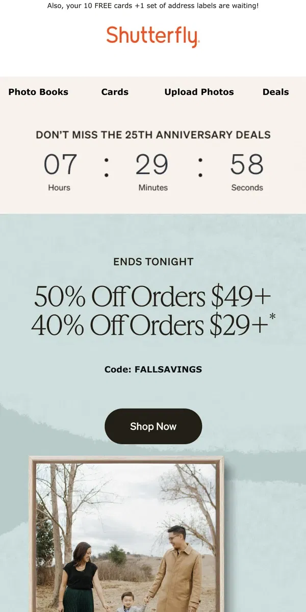 Email from Shutterfly. ⏰ Hours left to score up to 50% orders – act now!