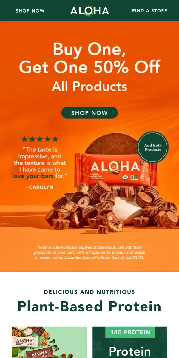 Email from ALOHA. Come For The Buy One, Get One 50% Off