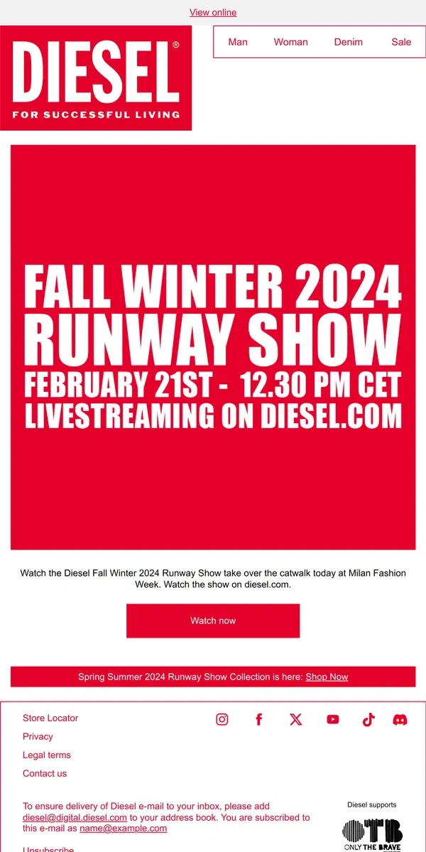 Email from Diesel. Today: Fall Winter 2024 Runway Show