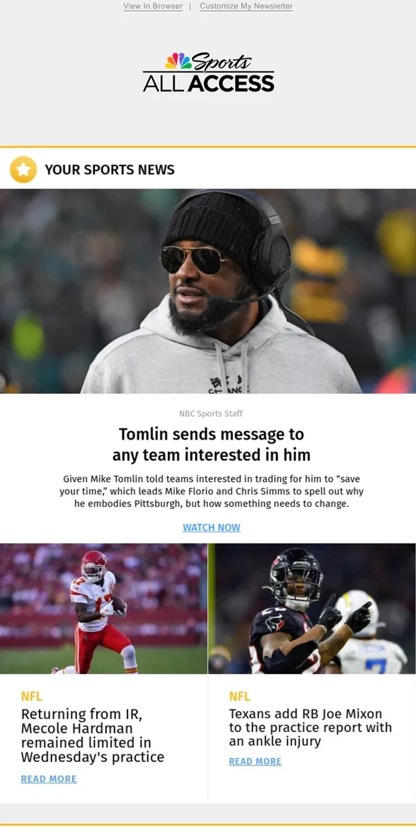 Email from NBC Sports. Tomlin sends message to any team interested in him