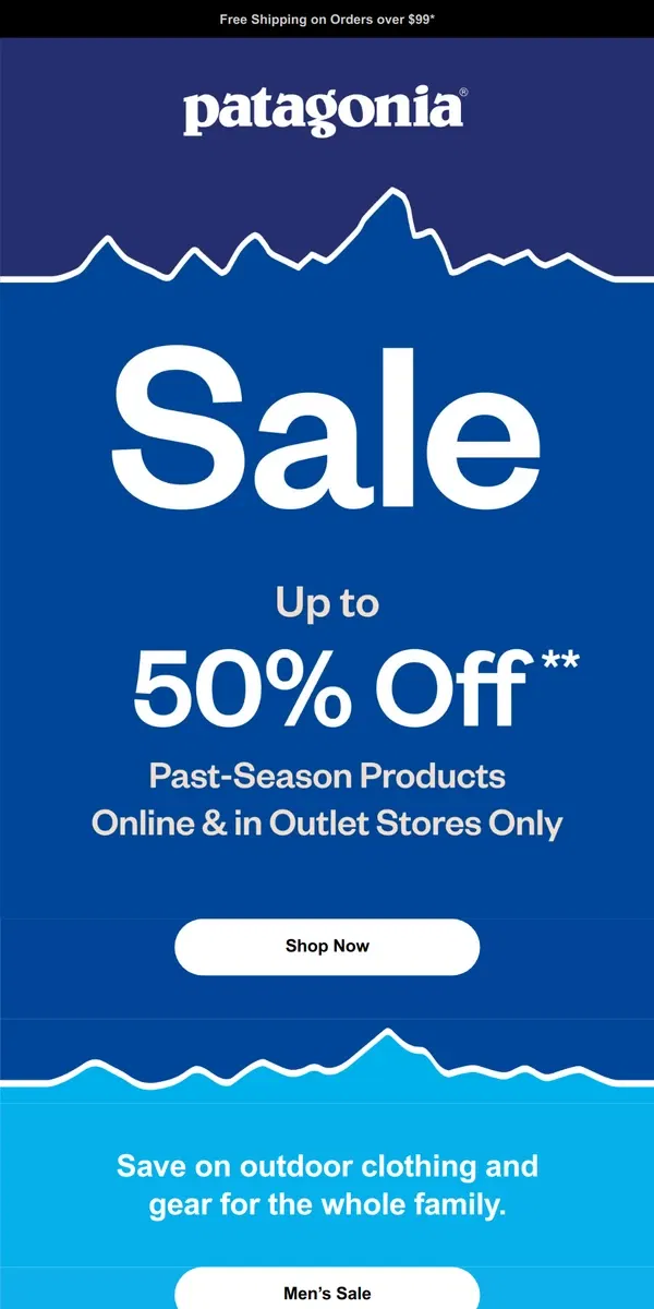 Email from Patagonia. Sale reminder: Save up to 50%