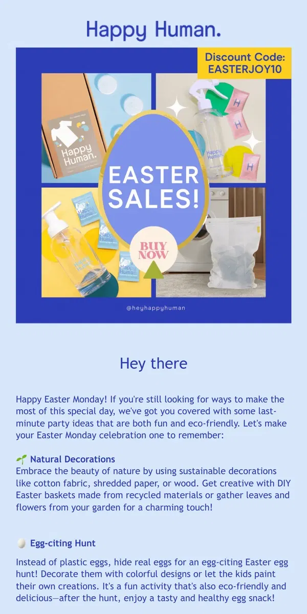 Email from Happy Home. 🎉 Last-Minute Easter Monday Party Ideas! 🌿🐰 (Plus, Enjoy a Special Discount!)