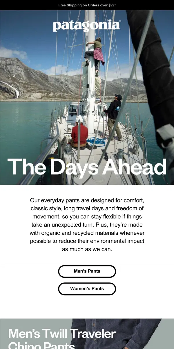 Email from Patagonia. Everyday pants for flexible plans