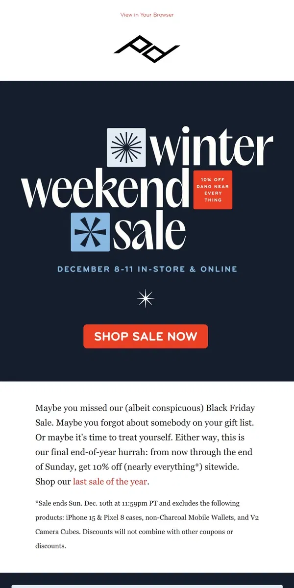 Email from Peak Design. Winter Weekend Sale: 10% Off